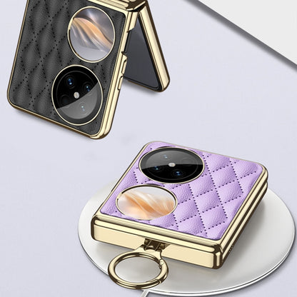 For Huawei Pocket 2 GKK Rhombus Pattern Electroplated Leather Phone Case with Ring(Purple) - Huawei Cases by GKK | Online Shopping South Africa | PMC Jewellery | Buy Now Pay Later Mobicred