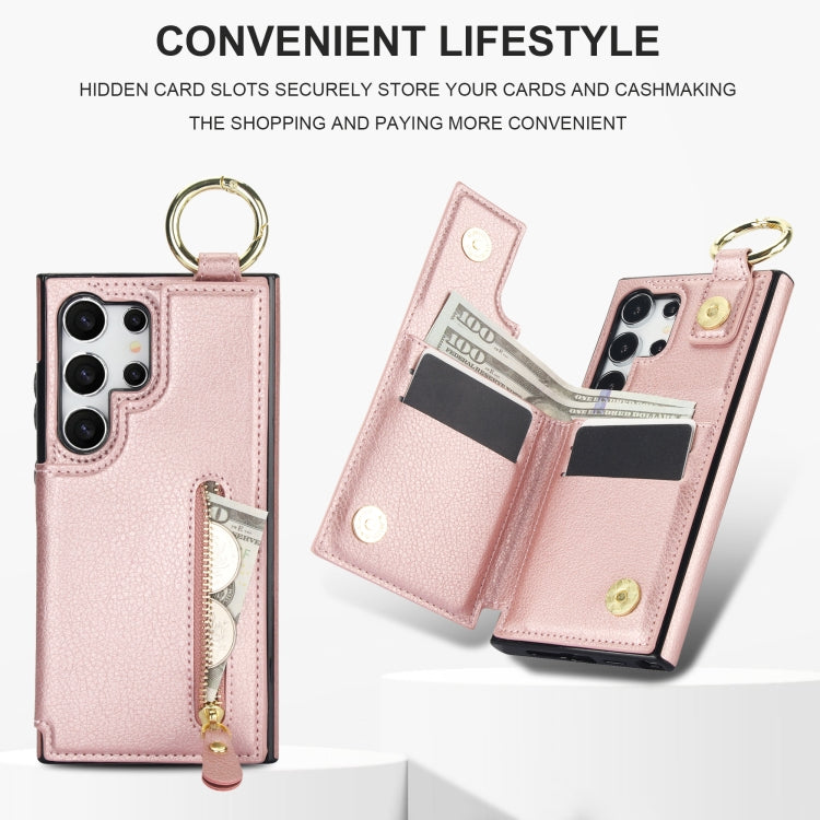 For Samsung Galaxy S24 Ultra 5G Litchi Texture Zipper Double Buckle Card Bag Phone Case(Rose Gold) - Galaxy S24 Ultra 5G Cases by PMC Jewellery | Online Shopping South Africa | PMC Jewellery | Buy Now Pay Later Mobicred