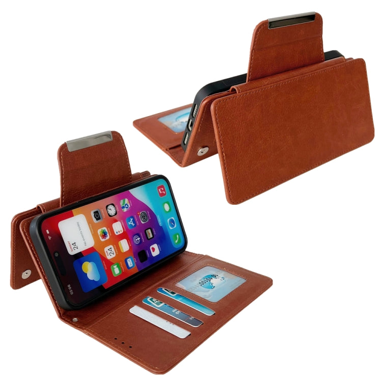 For iPhone 16 Pro Multifunctional 7-Cards Wallet Leather Phone Case(Brown) - iPhone 16 Pro Cases by PMC Jewellery | Online Shopping South Africa | PMC Jewellery | Buy Now Pay Later Mobicred