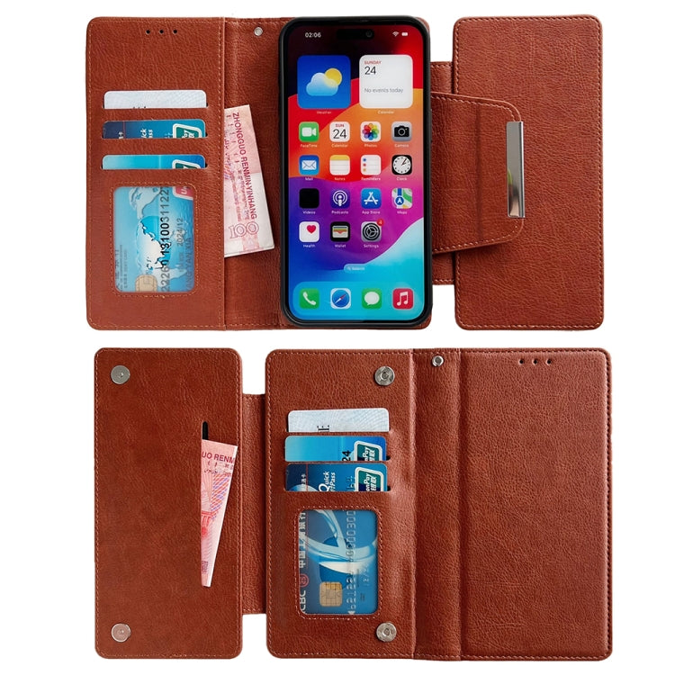 For iPhone 16 Plus Multifunctional 7-Cards Wallet Leather Phone Case(Brown) - iPhone 16 Plus Cases by PMC Jewellery | Online Shopping South Africa | PMC Jewellery | Buy Now Pay Later Mobicred