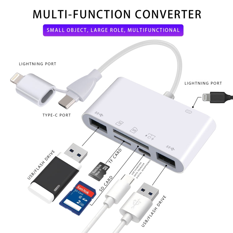 AJ-108PRO 6 in 2 USB-C / Type-C + 8 Pin Interface Multi-function Camera Card Reader(White) - U Disk & Card Reader by PMC Jewellery | Online Shopping South Africa | PMC Jewellery | Buy Now Pay Later Mobicred