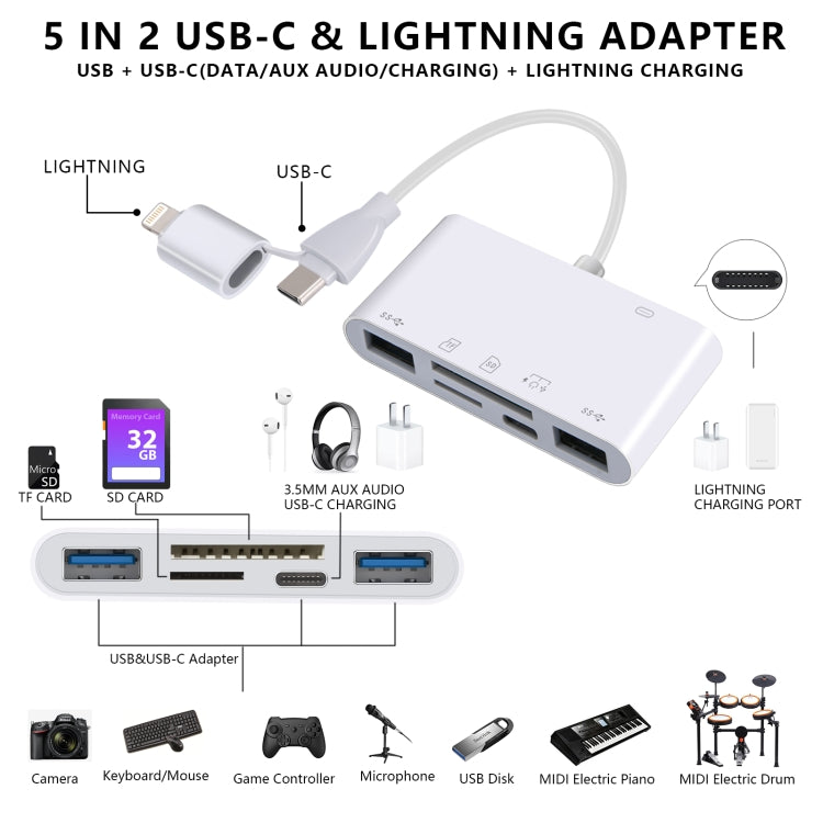 AJ-108PRO 6 in 2 USB-C / Type-C + 8 Pin Interface Multi-function Camera Card Reader(White) - U Disk & Card Reader by PMC Jewellery | Online Shopping South Africa | PMC Jewellery | Buy Now Pay Later Mobicred