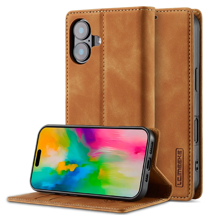 For iPhone 16 LC.IMEEKE Strong Magnetism Microfiber Leather Phone Case(Brown) - iPhone 16 Cases by LC.IMEEKE | Online Shopping South Africa | PMC Jewellery | Buy Now Pay Later Mobicred