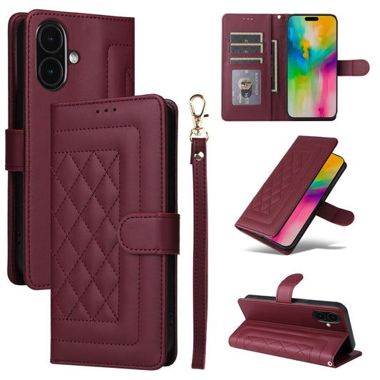 For iPhone 16 Plus Diamond Lattice Leather Flip Phone Case(Wine Red) - iPhone 16 Plus Cases by PMC Jewellery | Online Shopping South Africa | PMC Jewellery | Buy Now Pay Later Mobicred