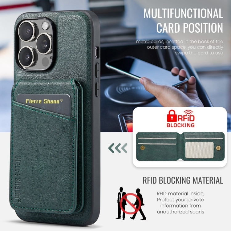 For iPhone 16 Pro Max Fierre Shann Oil Wax Cow Leather Magnetic Card Holder Phone Case(Green) - iPhone 16 Pro Max Cases by FIERRE SHANN | Online Shopping South Africa | PMC Jewellery | Buy Now Pay Later Mobicred