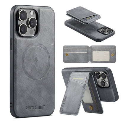 For iPhone 16 Pro Fierre Shann Oil Wax Cow Leather Magnetic Card Holder Phone Case(Grey) - iPhone 16 Pro Cases by FIERRE SHANN | Online Shopping South Africa | PMC Jewellery | Buy Now Pay Later Mobicred