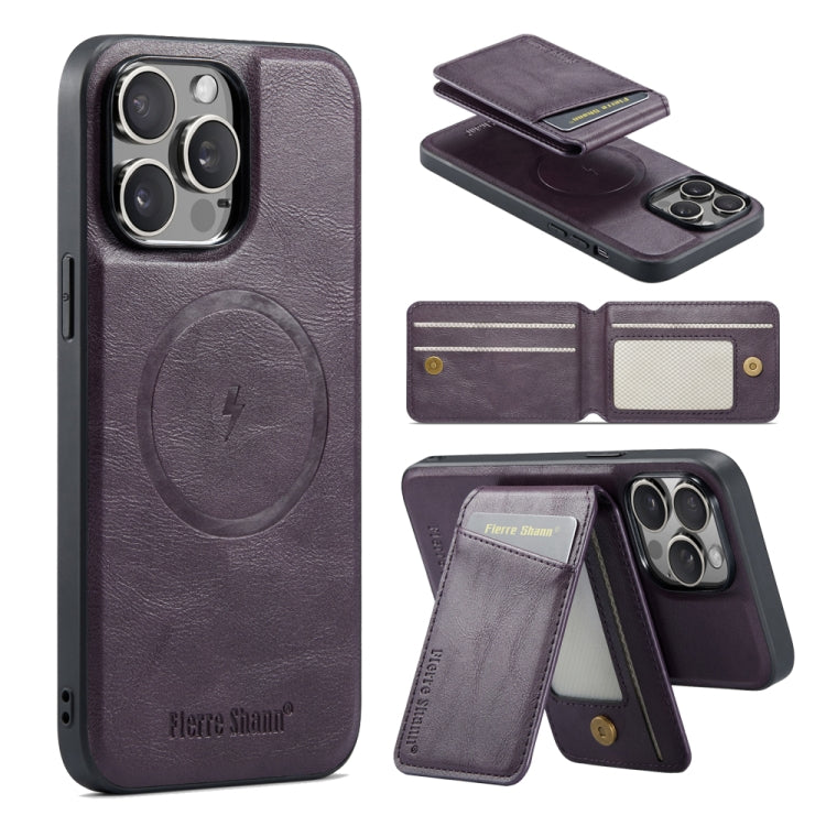 For iPhone 16 Pro Fierre Shann Cowhide Vertical Flip Magnetic Card Holder Phone Case(Purple) - iPhone 16 Pro Cases by FIERRE SHANN | Online Shopping South Africa | PMC Jewellery | Buy Now Pay Later Mobicred