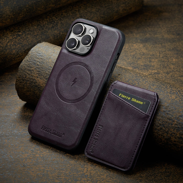 For iPhone 16 Pro Fierre Shann Oil Wax Cow Leather Magnetic Card Holder Phone Case(Purple) - iPhone 16 Pro Cases by FIERRE SHANN | Online Shopping South Africa | PMC Jewellery | Buy Now Pay Later Mobicred