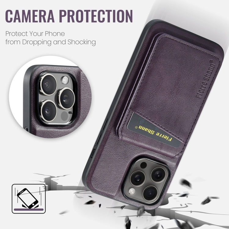 For iPhone 16 Pro Fierre Shann Cowhide Vertical Flip Magnetic Card Holder Phone Case(Purple) - iPhone 16 Pro Cases by FIERRE SHANN | Online Shopping South Africa | PMC Jewellery | Buy Now Pay Later Mobicred