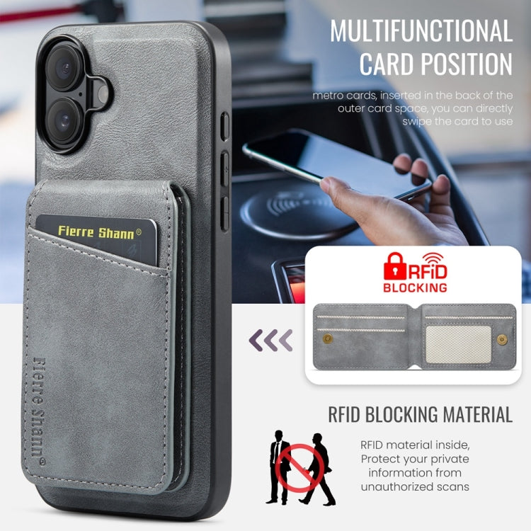 For iPhone 16 Plus Fierre Shann Oil Wax Cow Leather Magnetic Card Holder Phone Case(Grey) - iPhone 16 Plus Cases by FIERRE SHANN | Online Shopping South Africa | PMC Jewellery | Buy Now Pay Later Mobicred