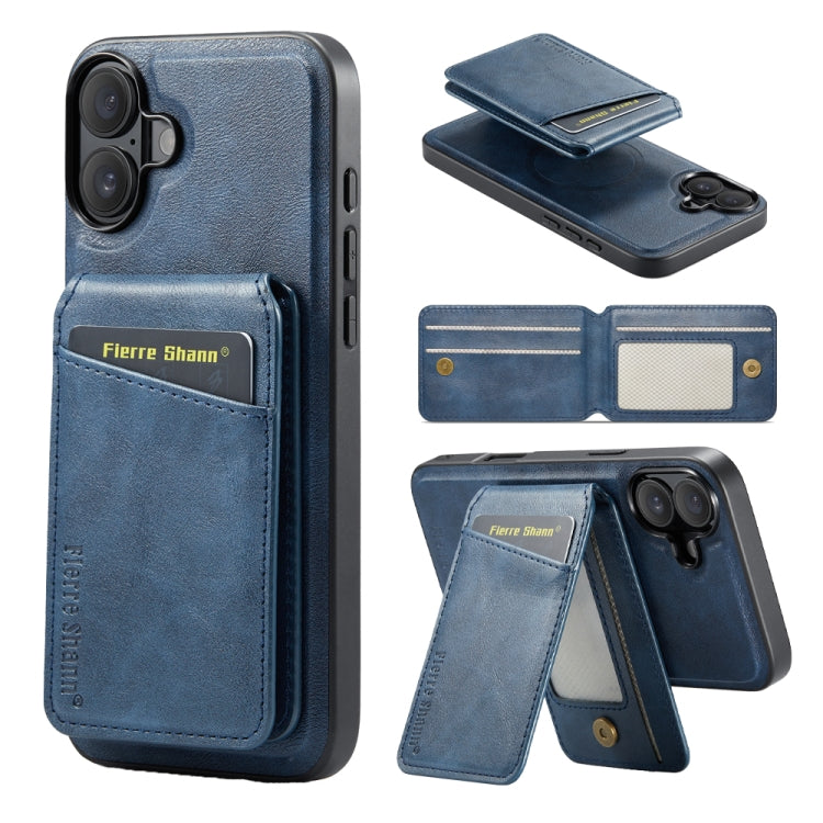 For iPhone 16 Fierre Shann Oil Wax Cow Leather Magnetic Card Holder Phone Case(Blue) - iPhone 16 Cases by FIERRE SHANN | Online Shopping South Africa | PMC Jewellery | Buy Now Pay Later Mobicred