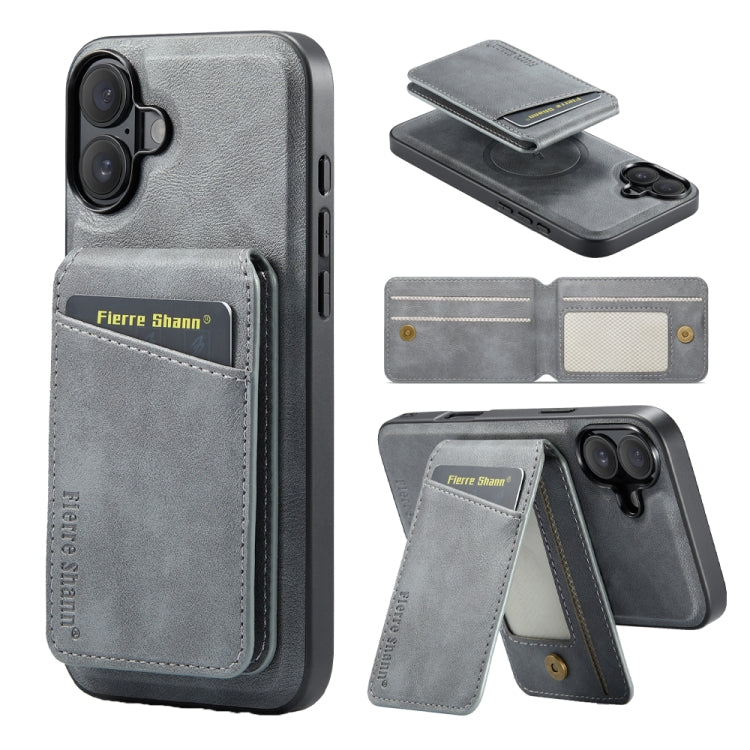 For iPhone 16 Fierre Shann Cowhide Vertical Flip Magnetic Card Holder Phone Case(Grey) - iPhone 16 Cases by FIERRE SHANN | Online Shopping South Africa | PMC Jewellery | Buy Now Pay Later Mobicred