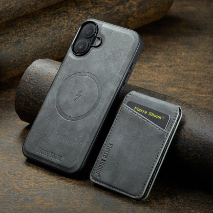 For iPhone 16 Fierre Shann Oil Wax Cow Leather Magnetic Card Holder Phone Case(Grey) - iPhone 16 Cases by FIERRE SHANN | Online Shopping South Africa | PMC Jewellery | Buy Now Pay Later Mobicred