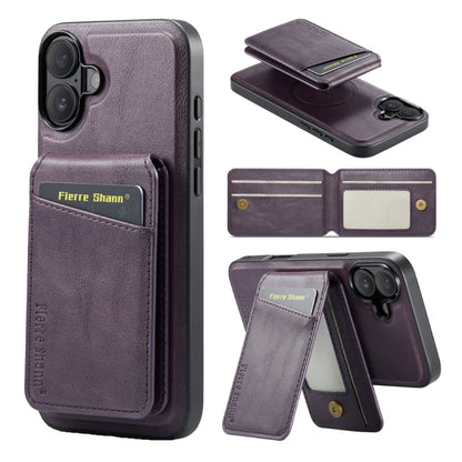 For iPhone 16 Fierre Shann Oil Wax Cow Leather Magnetic Card Holder Phone Case(Purple) - iPhone 16 Cases by FIERRE SHANN | Online Shopping South Africa | PMC Jewellery | Buy Now Pay Later Mobicred