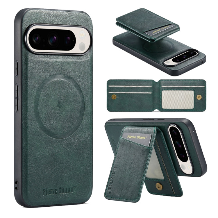 For Google Pixel 9 Fierre Shann Oil Wax Cow Leather Magnetic Card Holder Phone Case(Green) - Google Cases by FIERRE SHANN | Online Shopping South Africa | PMC Jewellery | Buy Now Pay Later Mobicred