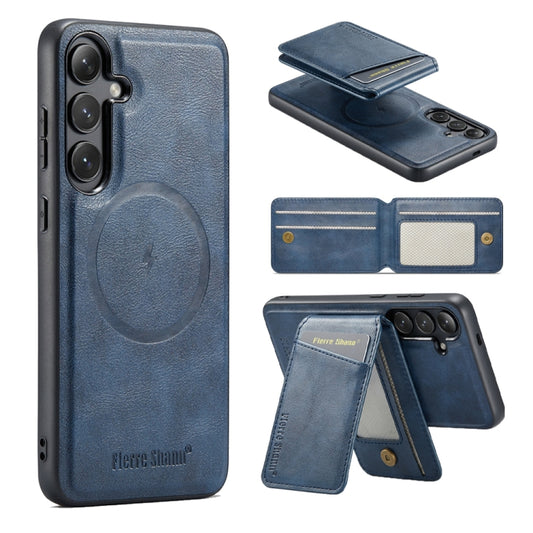 For Samsung Galaxy S24+ 5G Fierre Shann Cowhide Vertical Flip Magnetic Card Holder Phone Case(Blue) - Galaxy S24+ 5G Cases by FIERRE SHANN | Online Shopping South Africa | PMC Jewellery | Buy Now Pay Later Mobicred