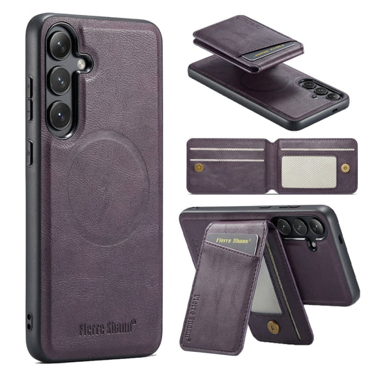 For Samsung Galaxy S24+ 5G Fierre Shann Cowhide Vertical Flip Magnetic Card Holder Phone Case(Purple) - Galaxy S24+ 5G Cases by FIERRE SHANN | Online Shopping South Africa | PMC Jewellery | Buy Now Pay Later Mobicred