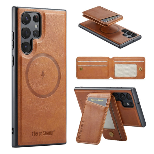 For Samsung Galaxy S24 Ultra 5G Fierre Shann Cowhide Vertical Flip Magnetic Card Holder Phone Case(Brown) - Galaxy S24 Ultra 5G Cases by FIERRE SHANN | Online Shopping South Africa | PMC Jewellery | Buy Now Pay Later Mobicred