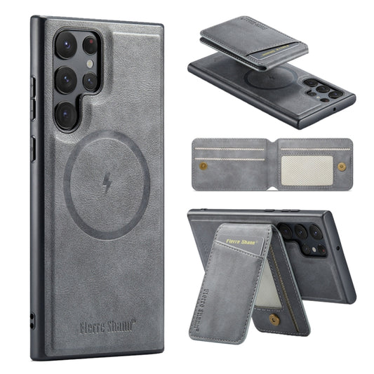 For Samsung Galaxy S24 Ultra 5G Fierre Shann Cowhide Vertical Flip Magnetic Card Holder Phone Case(Grey) - Galaxy S24 Ultra 5G Cases by FIERRE SHANN | Online Shopping South Africa | PMC Jewellery | Buy Now Pay Later Mobicred