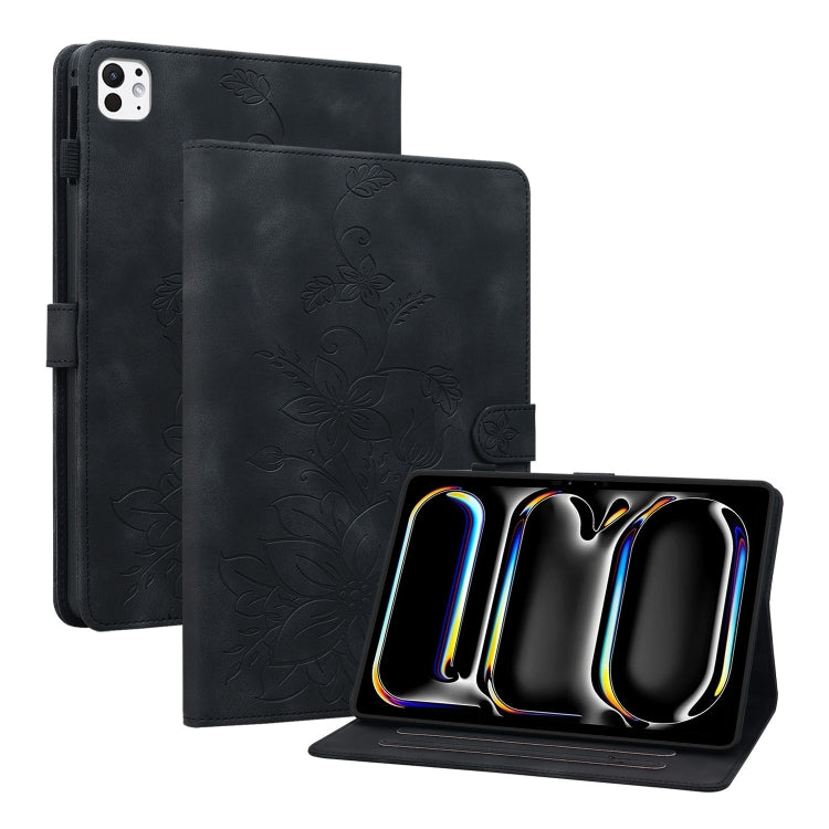 For iPad Pro 11 2024 Lily Embossed Leather Smart Tablet Case(Black) - iPad Pro 11 2024 Cases by PMC Jewellery | Online Shopping South Africa | PMC Jewellery | Buy Now Pay Later Mobicred