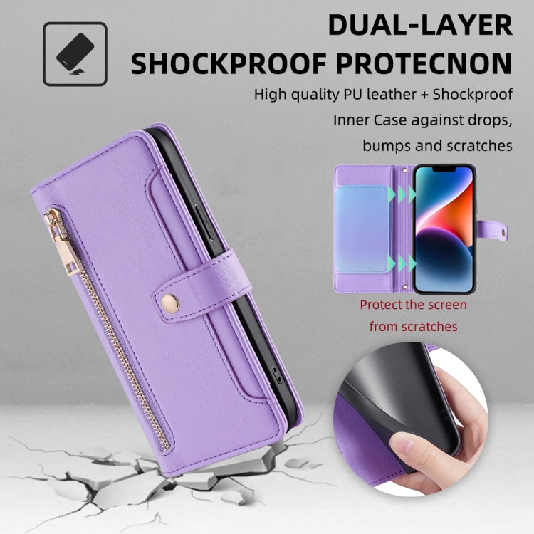 For Google Pixel 8a Sheep Texture Cross-body Zipper Wallet Leather Phone Case(Purple) - Google Cases by PMC TechLife | Online Shopping South Africa | PMC TechLife | Buy Now Pay Later Mobicred