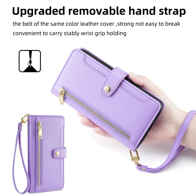 For Google Pixel 8a Sheep Texture Cross-body Zipper Wallet Leather Phone Case(Purple) - Google Cases by PMC TechLife | Online Shopping South Africa | PMC TechLife | Buy Now Pay Later Mobicred