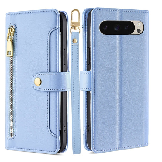 For Google Pixel 9 Sheep Texture Cross-body Zipper Wallet Leather Phone Case(Blue) - Google Cases by PMC Jewellery | Online Shopping South Africa | PMC Jewellery | Buy Now Pay Later Mobicred