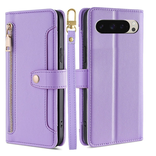 For Google Pixel 9 Sheep Texture Cross-body Zipper Wallet Leather Phone Case(Purple) - Google Cases by PMC Jewellery | Online Shopping South Africa | PMC Jewellery | Buy Now Pay Later Mobicred