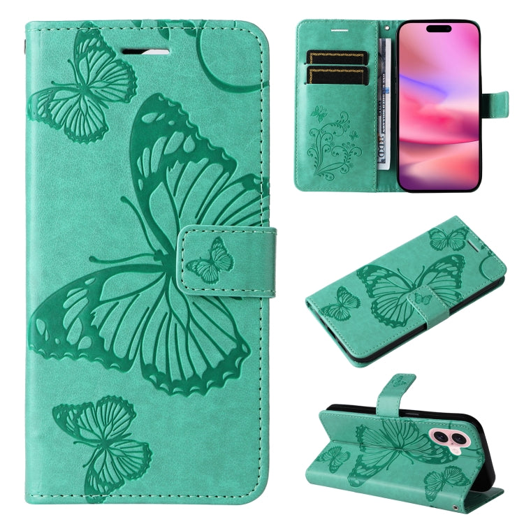 For iPhone 16 3D Butterfly Embossed Pattern Flip Leather Phone Case(Green) - iPhone 16 Cases by PMC TechLife | Online Shopping South Africa | PMC TechLife | Buy Now Pay Later Mobicred