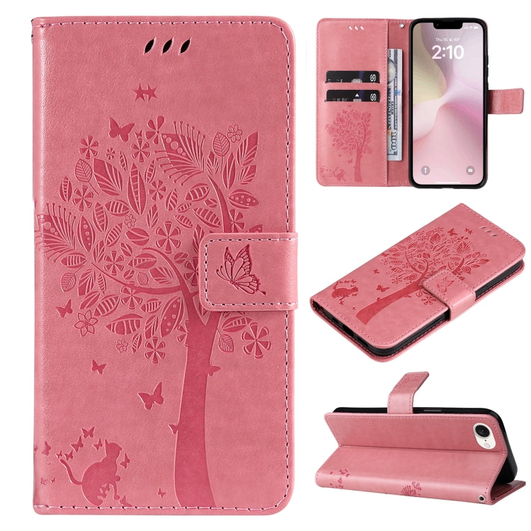 For iPhone SE 2024 Tree & Cat Embossed Pattern Flip Leather Phone Case(Pink) - More iPhone Cases by PMC Jewellery | Online Shopping South Africa | PMC Jewellery | Buy Now Pay Later Mobicred