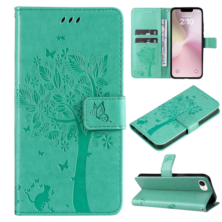 For iPhone SE 2024 Tree & Cat Embossed Pattern Flip Leather Phone Case(Green) - More iPhone Cases by PMC Jewellery | Online Shopping South Africa | PMC Jewellery | Buy Now Pay Later Mobicred