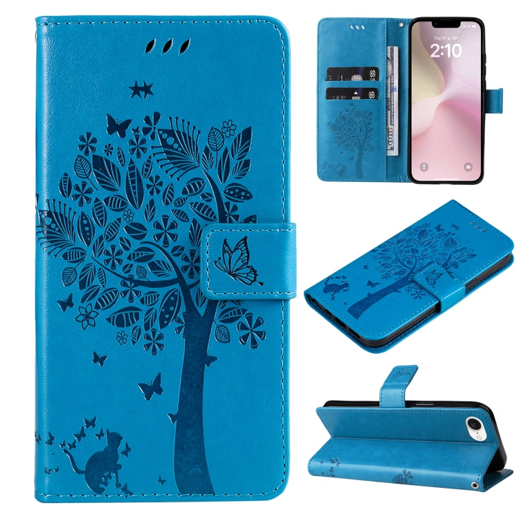 For iPhone SE 2024 Tree & Cat Embossed Pattern Flip Leather Phone Case(Blue) - More iPhone Cases by PMC Jewellery | Online Shopping South Africa | PMC Jewellery | Buy Now Pay Later Mobicred