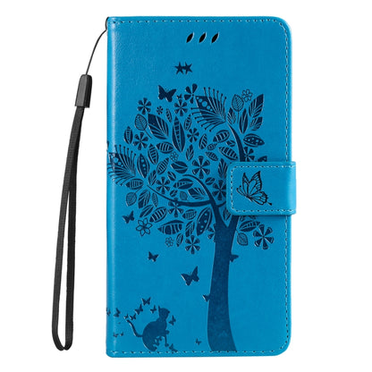 For iPhone SE 2024 Tree & Cat Embossed Pattern Flip Leather Phone Case(Blue) - More iPhone Cases by PMC Jewellery | Online Shopping South Africa | PMC Jewellery | Buy Now Pay Later Mobicred