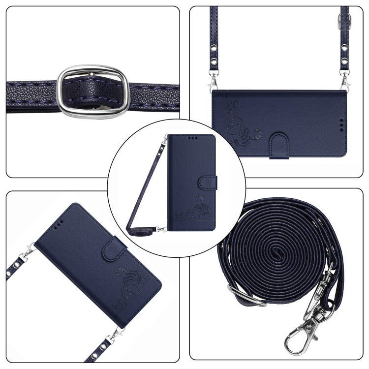 For OPPO Reno11 Pro 5G Global Cat Rat Embossed Pattern RFID Leather Phone Case with Lanyard(Blue) - OPPO Cases by PMC TechLife | Online Shopping South Africa | PMC TechLife | Buy Now Pay Later Mobicred