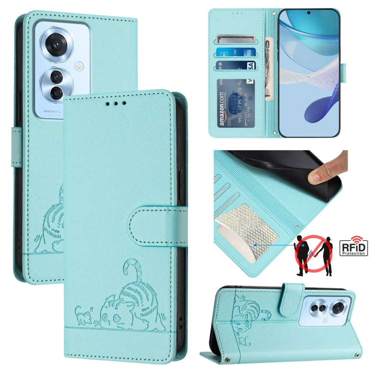 For OPPO Reno11 F 5G Global Cat Rat Embossed Pattern RFID Leather Phone Case with Lanyard(Mint Green) - Reno11 F Cases by PMC Jewellery | Online Shopping South Africa | PMC Jewellery | Buy Now Pay Later Mobicred