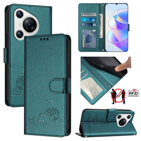 For Huawei Pura 70 Cat Rat Embossed Pattern RFID Leather Phone Case with Lanyard(Peacock Green) - Huawei Cases by PMC Jewellery | Online Shopping South Africa | PMC Jewellery | Buy Now Pay Later Mobicred