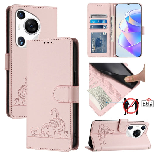 For Huawei Pura 70 Pro Cat Rat Embossed Pattern RFID Leather Phone Case with Lanyard(Pink) - Huawei Cases by PMC Jewellery | Online Shopping South Africa | PMC Jewellery | Buy Now Pay Later Mobicred