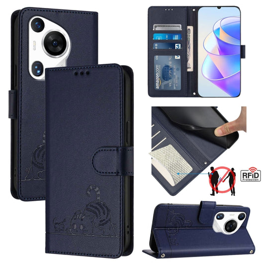 For Huawei Pura 70 Pro Cat Rat Embossed Pattern RFID Leather Phone Case with Lanyard(Blue) - Huawei Cases by PMC Jewellery | Online Shopping South Africa | PMC Jewellery | Buy Now Pay Later Mobicred