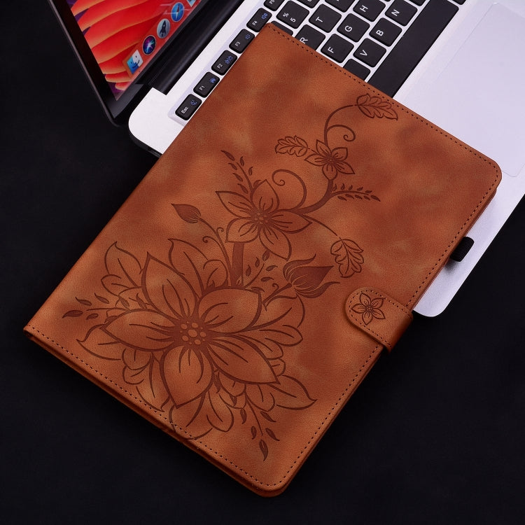 For Samsung Galaxy Tab S9 / S9 FE Lily Embossed Leather Tablet Case(Brown) - Galaxy Tab S9 Cases by PMC Jewellery | Online Shopping South Africa | PMC Jewellery | Buy Now Pay Later Mobicred