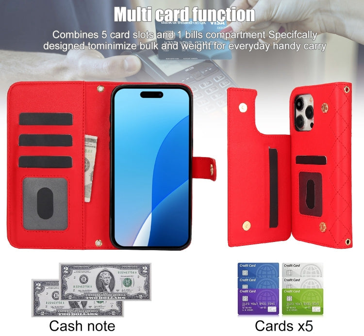 For iPhone 16 Pro Max Crossbody Multifunction Rhombic Leather Phone Case(Red) - iPhone 16 Pro Max Cases by PMC Jewellery | Online Shopping South Africa | PMC Jewellery | Buy Now Pay Later Mobicred