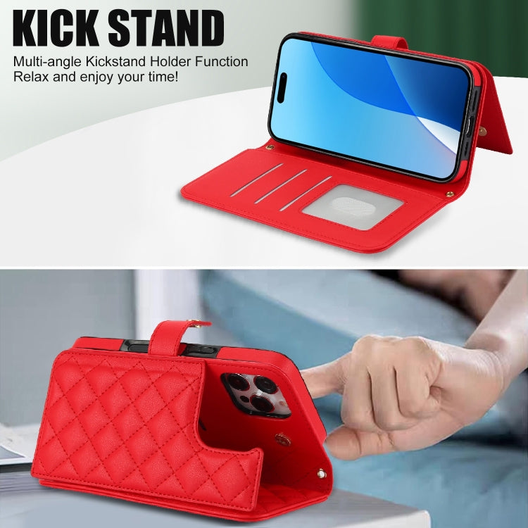 For iPhone 16 Pro Max Crossbody Multifunction Rhombic Leather Phone Case(Red) - iPhone 16 Pro Max Cases by PMC Jewellery | Online Shopping South Africa | PMC Jewellery | Buy Now Pay Later Mobicred