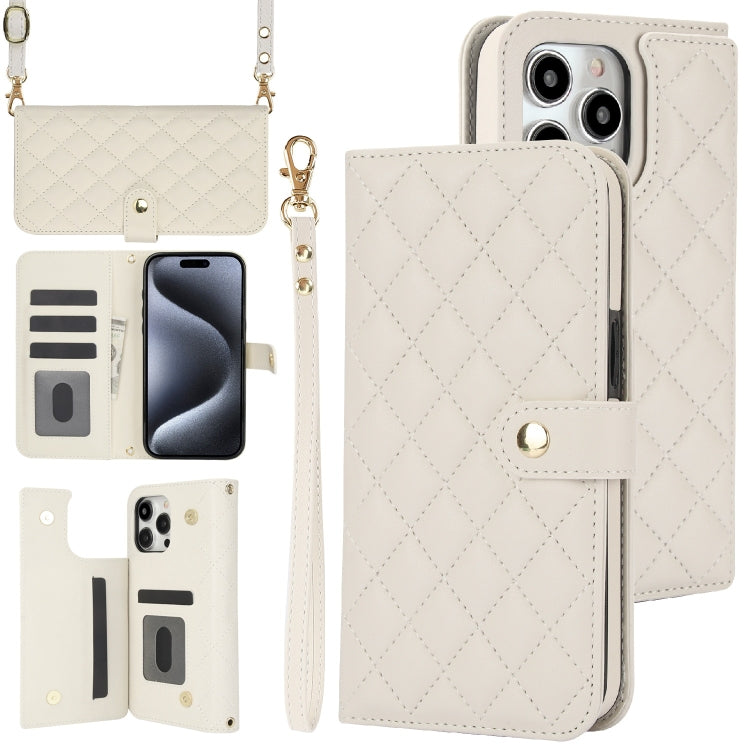 For iPhone 16 Pro Crossbody Multifunction Rhombic Leather Phone Case(White) - More iPhone Cases by PMC Jewellery | Online Shopping South Africa | PMC Jewellery | Buy Now Pay Later Mobicred