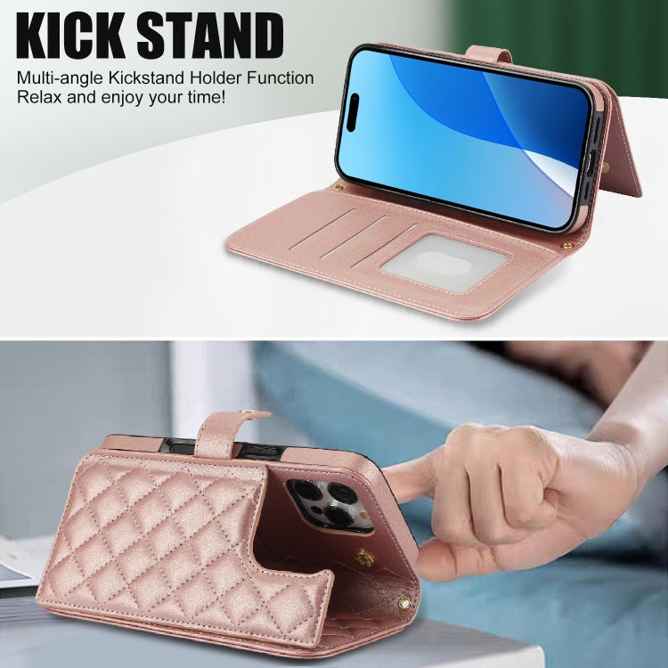 For iPhone 16 Pro Crossbody Multifunction Rhombic Leather Phone Case(Rose Gold) - More iPhone Cases by PMC Jewellery | Online Shopping South Africa | PMC Jewellery | Buy Now Pay Later Mobicred