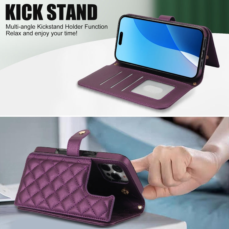 For iPhone 16 Pro Crossbody Multifunction Rhombic Leather Phone Case(Dark Purple) - More iPhone Cases by PMC Jewellery | Online Shopping South Africa | PMC Jewellery | Buy Now Pay Later Mobicred