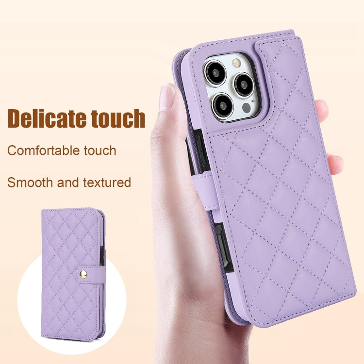 For iPhone 16 Pro Crossbody Multifunction Rhombic Leather Phone Case(Purple) - More iPhone Cases by PMC Jewellery | Online Shopping South Africa | PMC Jewellery | Buy Now Pay Later Mobicred