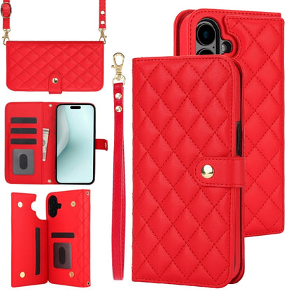 For iPhone 16 Crossbody Multifunction Rhombic Leather Phone Case(Red) - iPhone 16 Cases by PMC Jewellery | Online Shopping South Africa | PMC Jewellery | Buy Now Pay Later Mobicred