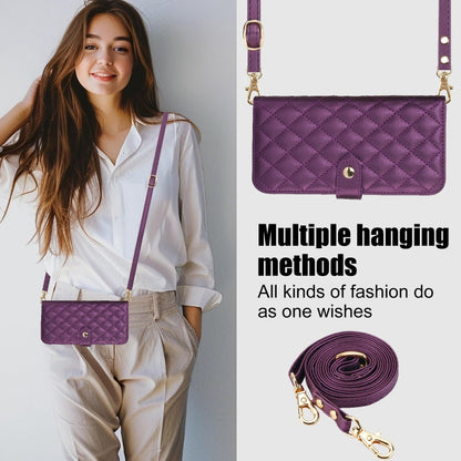 For iPhone 16 Crossbody Multifunction Rhombic Leather Phone Case(Dark Purple) - iPhone 16 Cases by PMC Jewellery | Online Shopping South Africa | PMC Jewellery | Buy Now Pay Later Mobicred