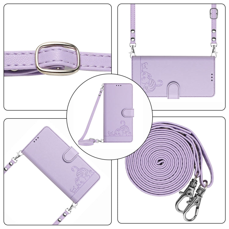 For Motorola Moto G Play 4G 2024 Global Cat Rat Embossed Pattern RFID Leather Phone Case with Lanyard(Purple) - Motorola Cases by PMC Jewellery | Online Shopping South Africa | PMC Jewellery | Buy Now Pay Later Mobicred