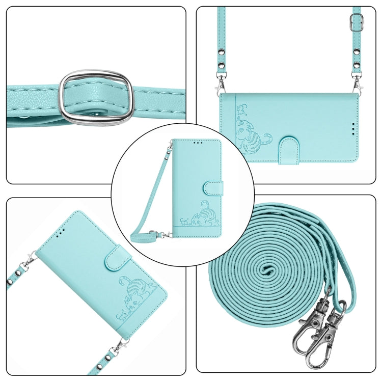 For Motorola Moto G Play 5G 2024 Global Cat Rat Embossed Pattern RFID Leather Phone Case with Lanyard(Mint Green) - Motorola Cases by PMC Jewellery | Online Shopping South Africa | PMC Jewellery | Buy Now Pay Later Mobicred