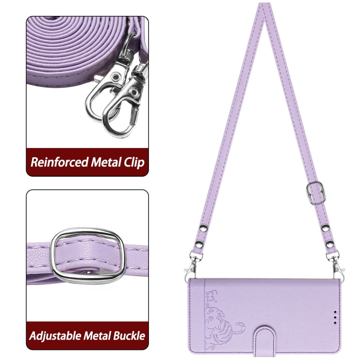 For Motorola Moto G Play 5G 2024 Global Cat Rat Embossed Pattern RFID Leather Phone Case with Lanyard(Purple) - Motorola Cases by PMC Jewellery | Online Shopping South Africa | PMC Jewellery | Buy Now Pay Later Mobicred